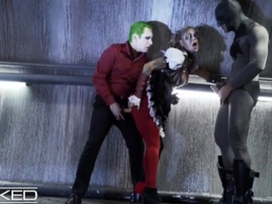 Harley Quinn gets brutally double-teamed by Joker & Batman in Unholy cosplay scene